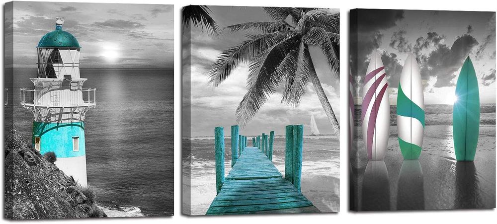 Teal Canvas Wall Art Ocean Lighthouse Painting Palm Tree Surfboard Pictures Fram