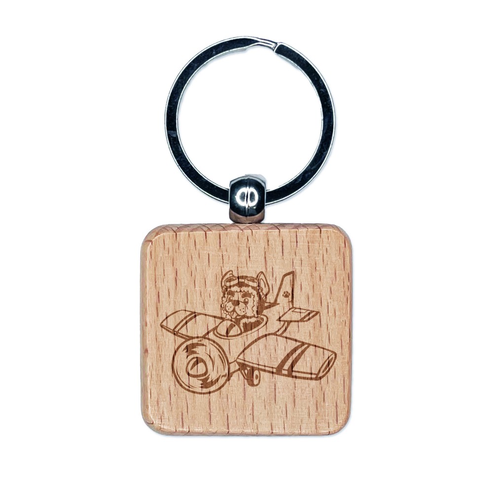 Puppy Pilot Dog in Airplane Engraved Wood Square Keychain Tag Charm