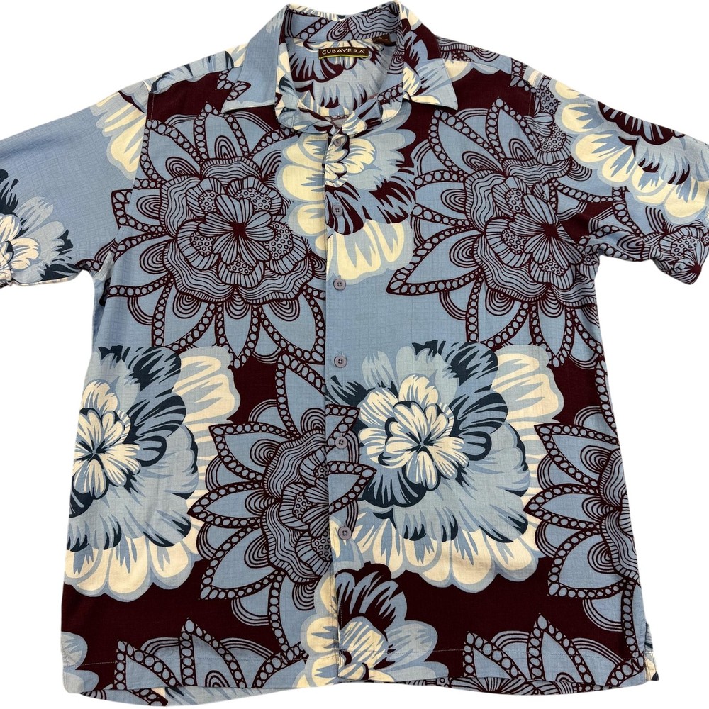 Cubavera Shirt Mens Large Blue Floral Short Sleeve Hawaiian Casual Tropical