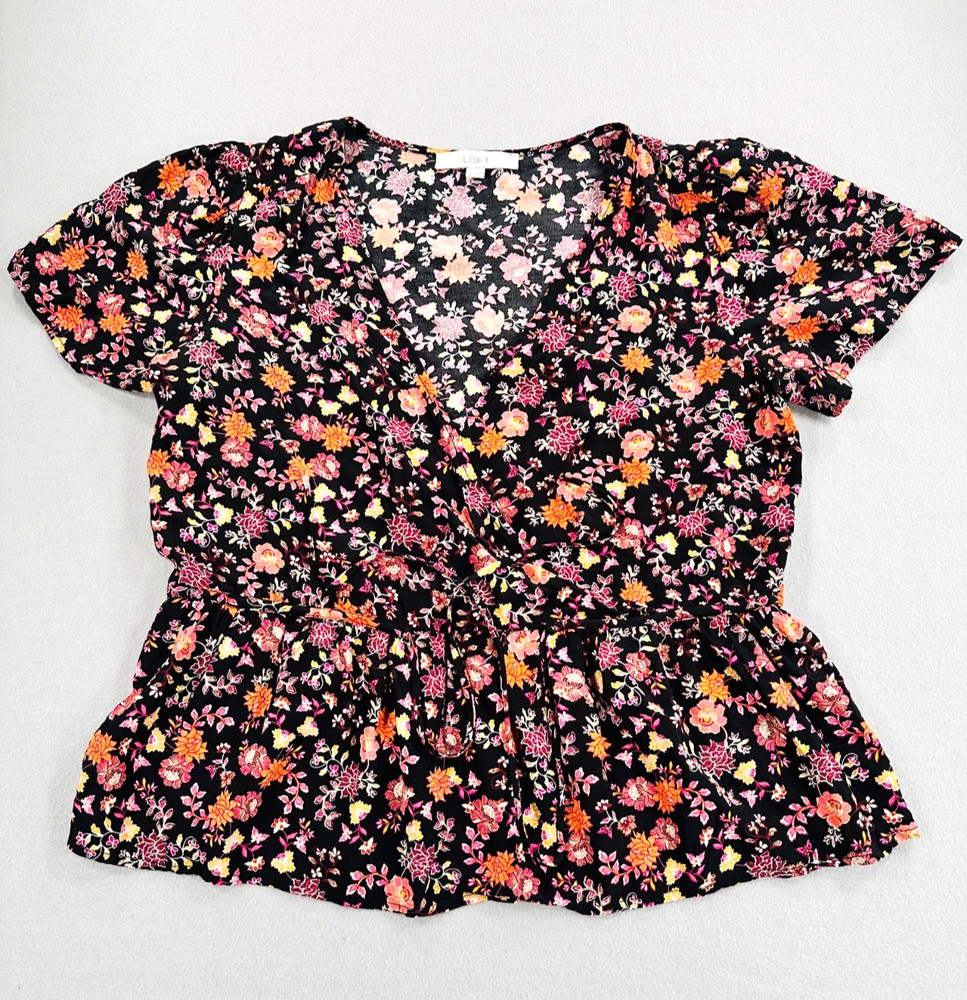 LOFT Floral Peplum Blouse Women's Medium Black Pink Short Sleeve
