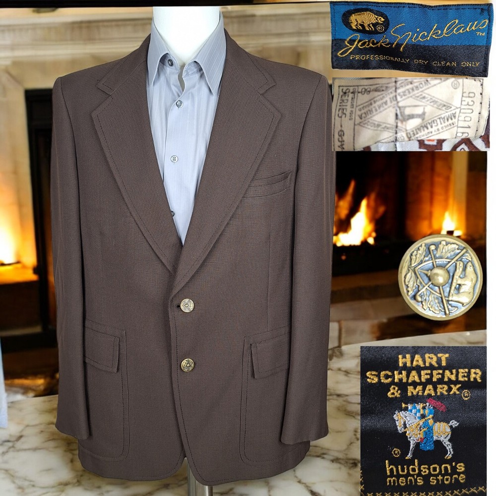 Hart Schaffner Marx Blazer Sport Coat Mens 44L Brown Bronze Button Vintage 1970s