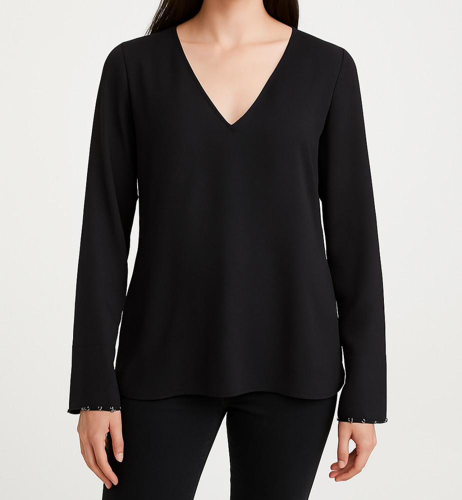 H&M Black Beaded V-Neck Blouse Women’s Size 4 Long Sleeve Elegant Top
