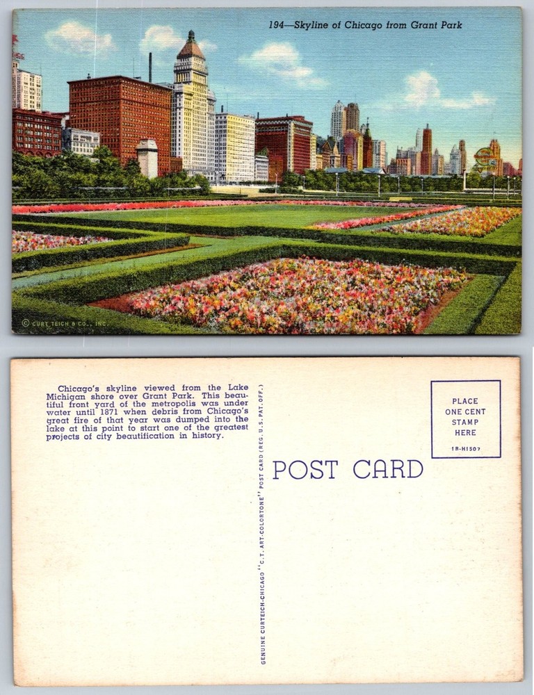Chicago Skyline Grant Park Vintage Postcard Curt Teich Art-Colortone