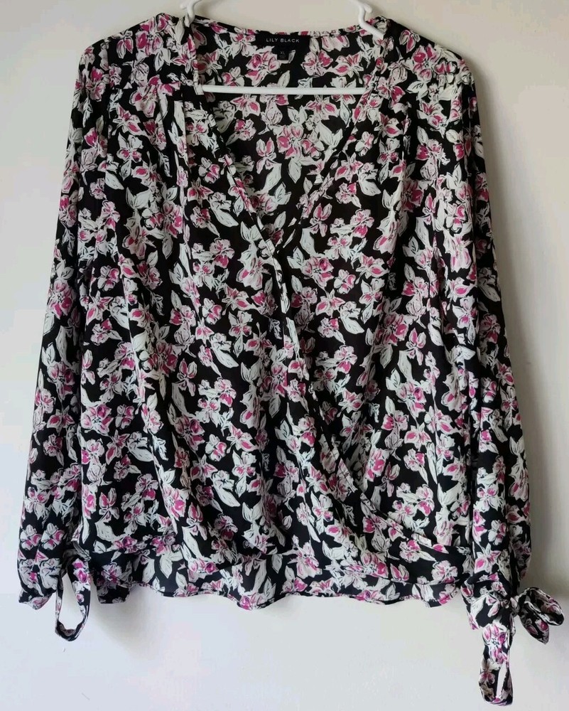 Lily Black Blouse Top Women's Size XL Floral V-Neck Cross-Over Long Sleeve