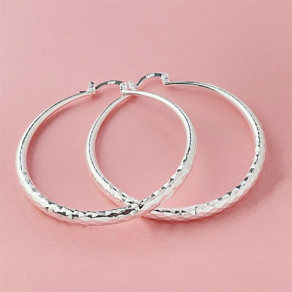 925 Silver 5CM Round Hoop Huggie Earrings Women Party Fashion Jewelry QE007
