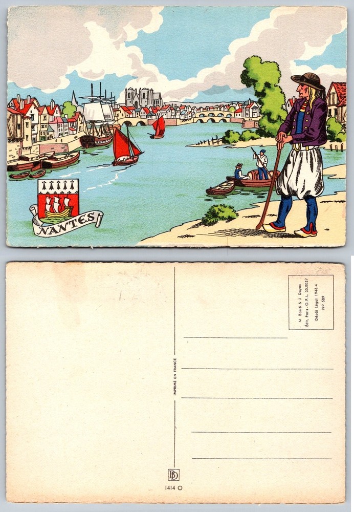 Nantes France Vintage Illustrated Postcard River Boats Cityscape Breton Figure