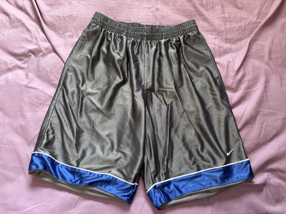 Nike Basketball Shorts Mens Large Silver Blue Gym Sweat Workout Running Swoosh