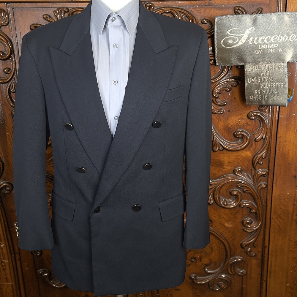Successo Uomo Blazer Mens 40R Black Double Breasted with Brass Buttons Wool