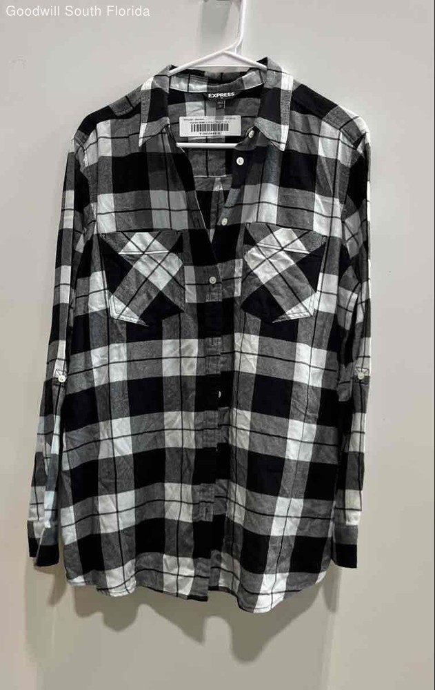 Express Womens Multicolor Plaid Cotton Long Sleeve Collared Button-Up Shirt Sz L