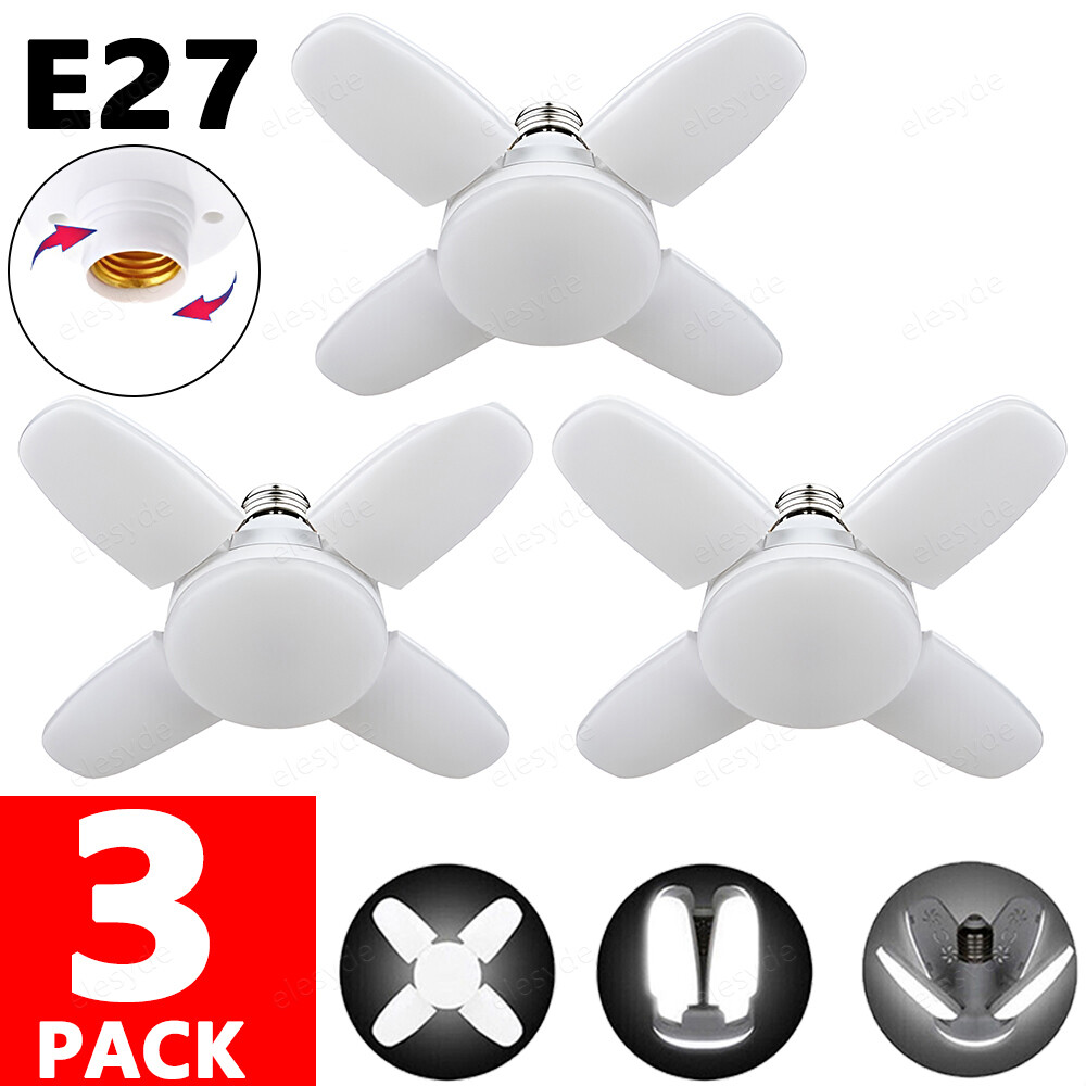 3PCS E27 LED Garage Light Bulb Deformable Ceiling Fixture Lights Workshop Lamp