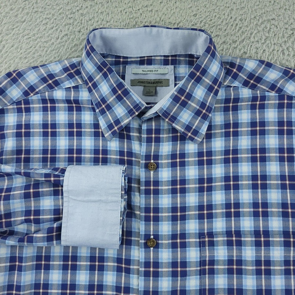 Johnston & Murphy Shirt Mens Large Blue Plaid Tailored Fit Long Sleeve