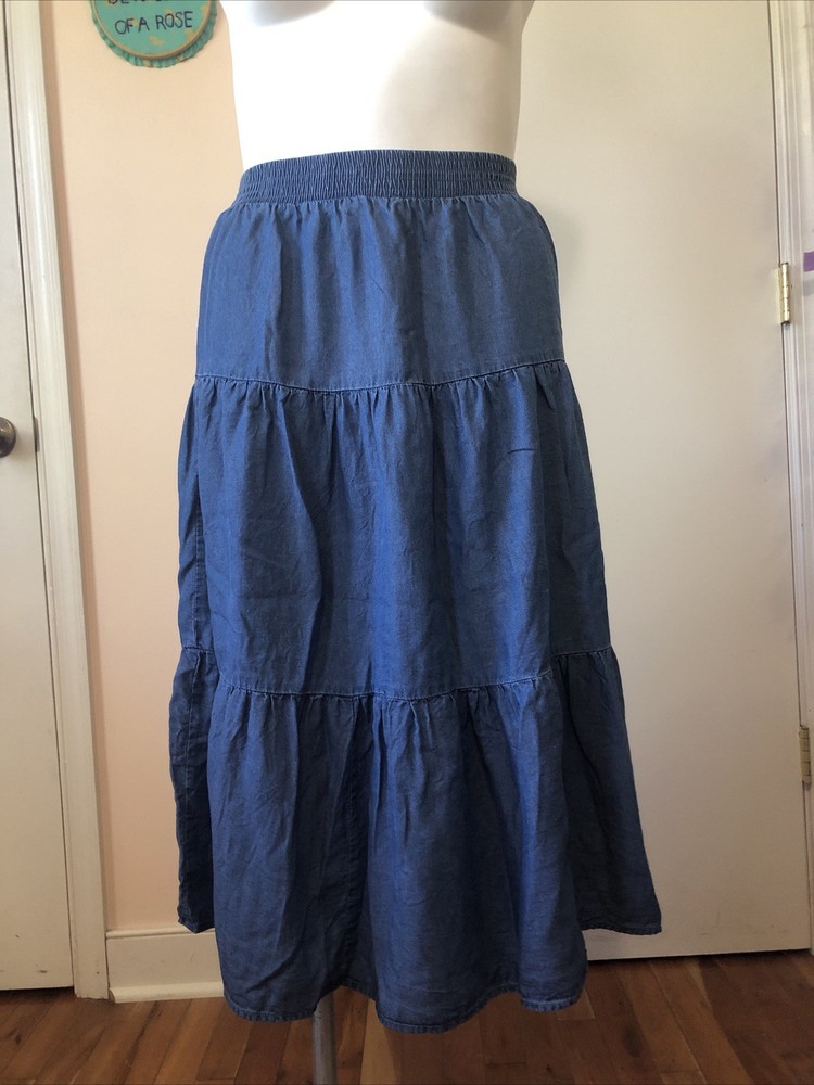 The Pioneer Woman Tiered Chambray Blue Maxi Skirt Elastic Waist Medium
