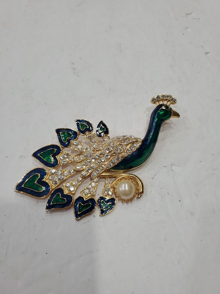 RARE VTG PEACOCK LARGE BROOCH PIN CRYSTAL RHINESTONE ENAMEL BIRD Blue Green