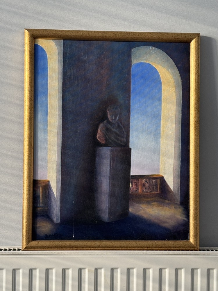 Vintage Oil Painting Architectural Interior - Metaphysical Style, Framed, Signed
