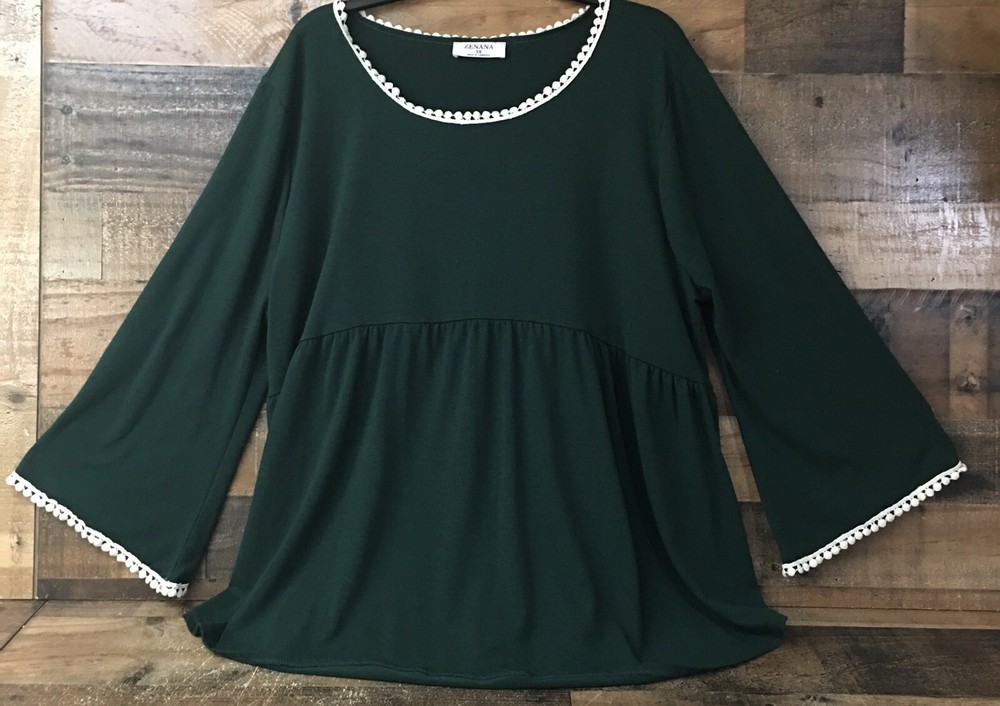 Zenana Top Women 3X Forest Fairy Green Boho Hippie Tunic Peasant Fringe Stretch