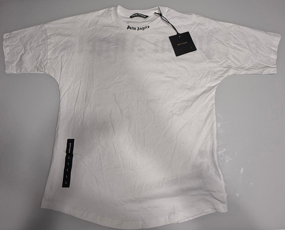 Palm Angels Men's White Logo Graphic Print Crew Neck Cotton Knit T-Shirt L