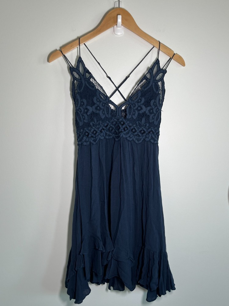 Free People Adella Babydoll Boho Fairy Slip Dress Lace Ruffled Hem S Navy Blue