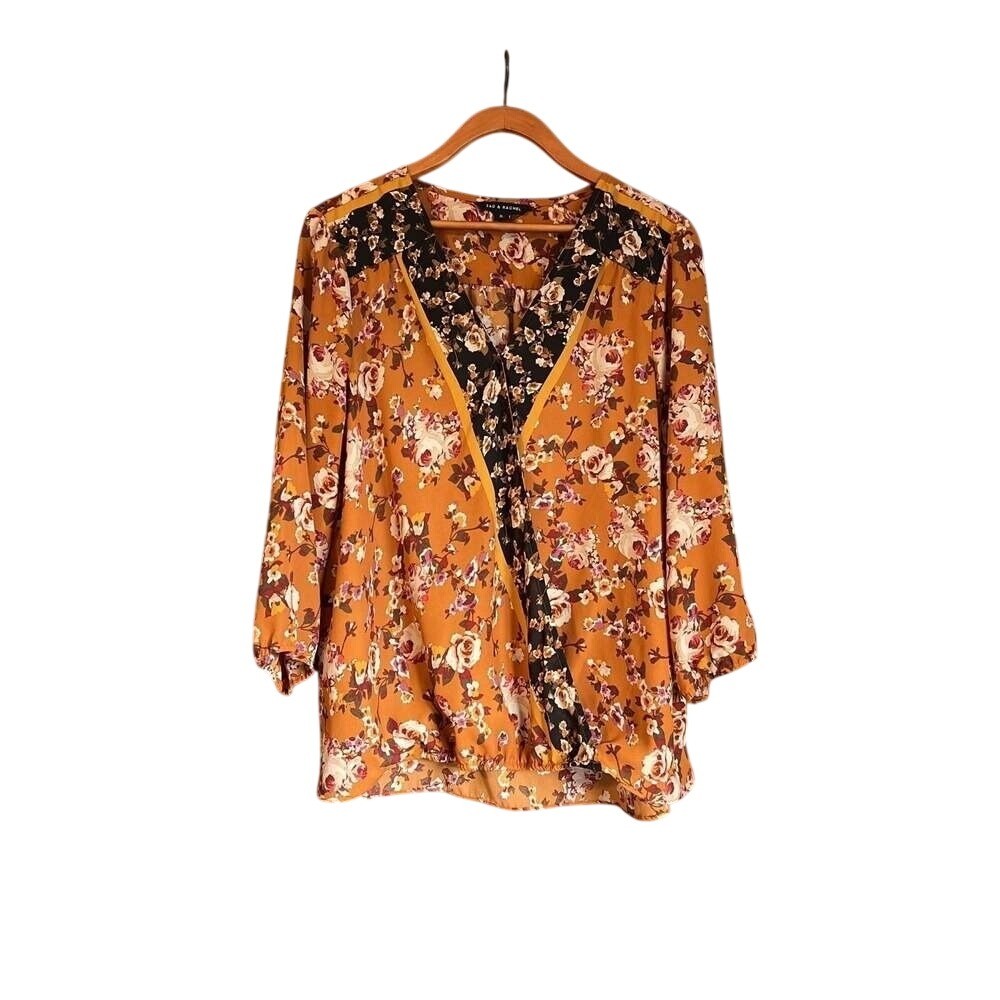Zac & Rachel Womens XL Mustard Yellow Floral Surplice Blouse 3/4 Sleeve Top
