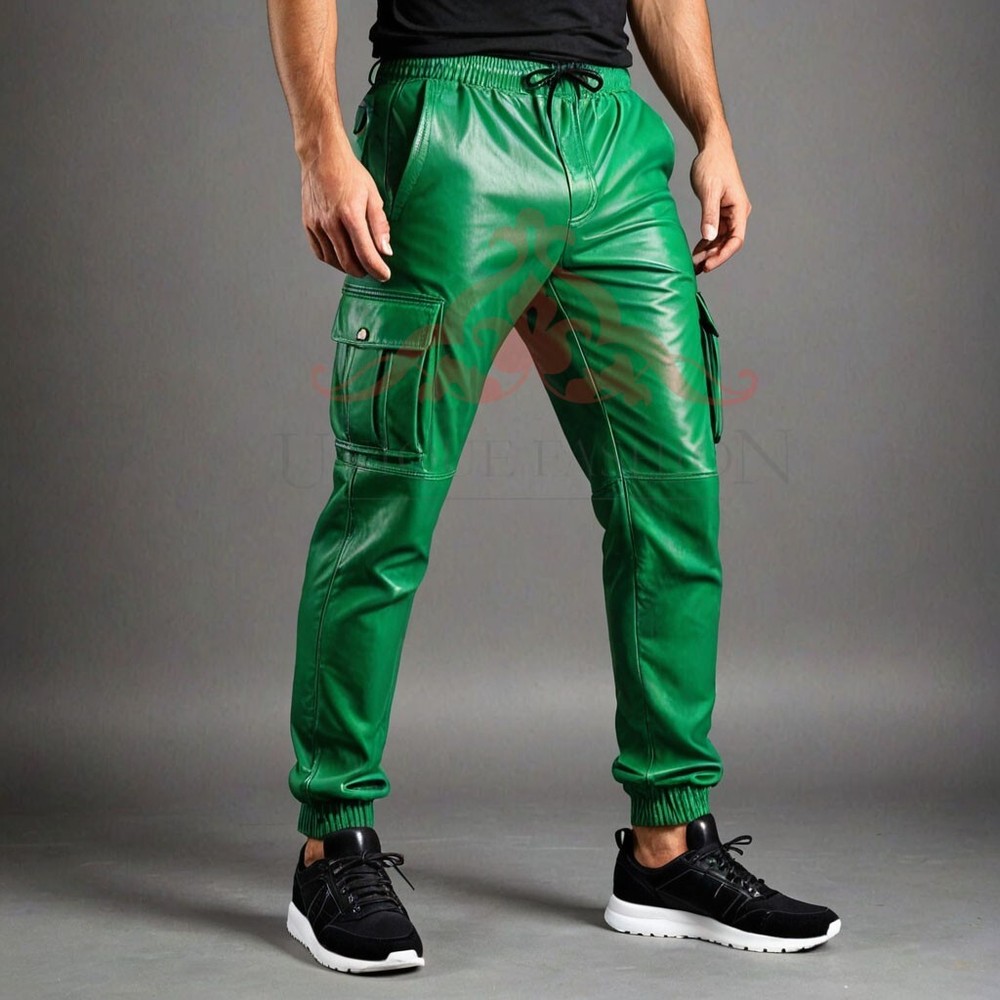 Men's Green Genuine Leather Joggers with Pockets for Walking & Running