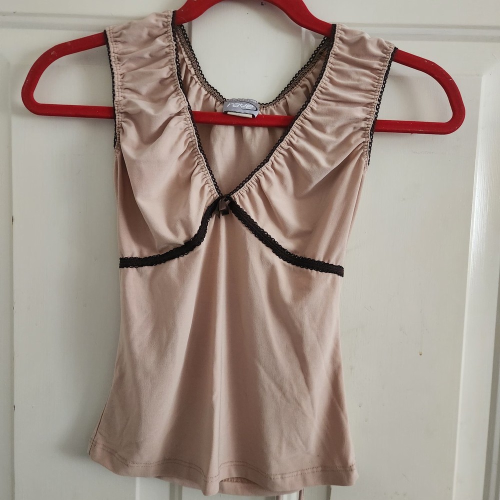 Vintage Y2K Rave Women's Top Short Small Beige With Brown Trim Tie Back Shirt