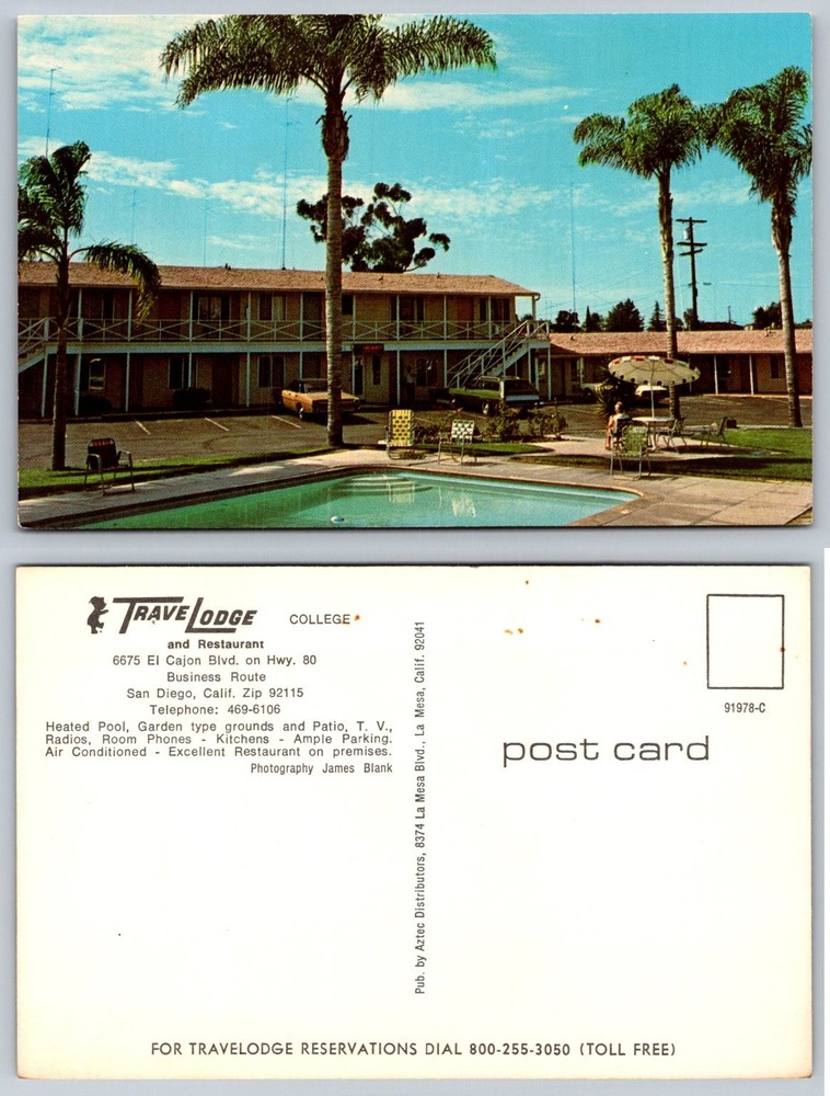 Vintage TraveLodge College Motel San Diego, CA Swimming Pool Postcard 1960s