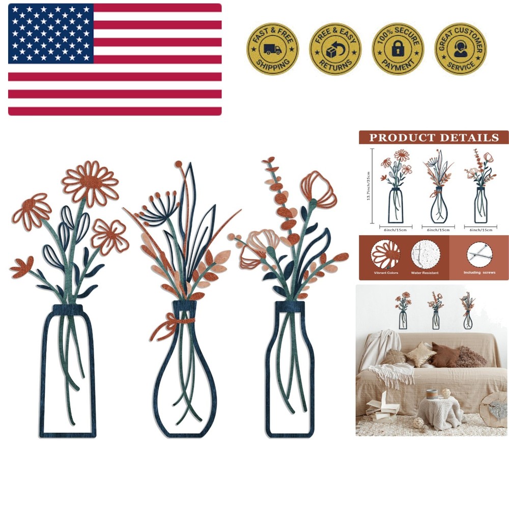 3 Pieces Metal Flowers Wall Arts - Rustic Farmhouse Decor Minimalist Flower W...