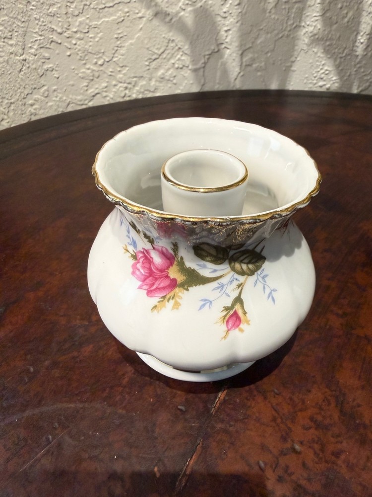 Polish Porcelain Candlestick Holder– Floral Roses & Gold Trim– Vintage European