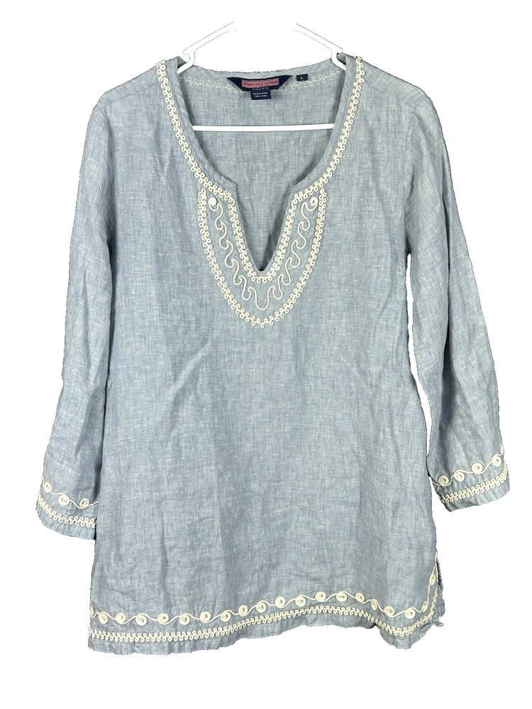 Vineyard Vines Embroidered Linen Tunic Blue Ivory  V Neck Pull Over Size Large