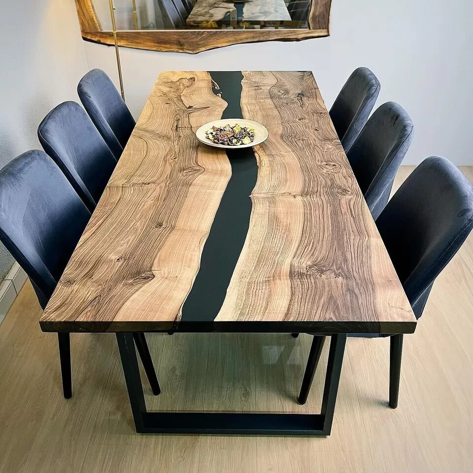 Live edge black river dining table top for hallways