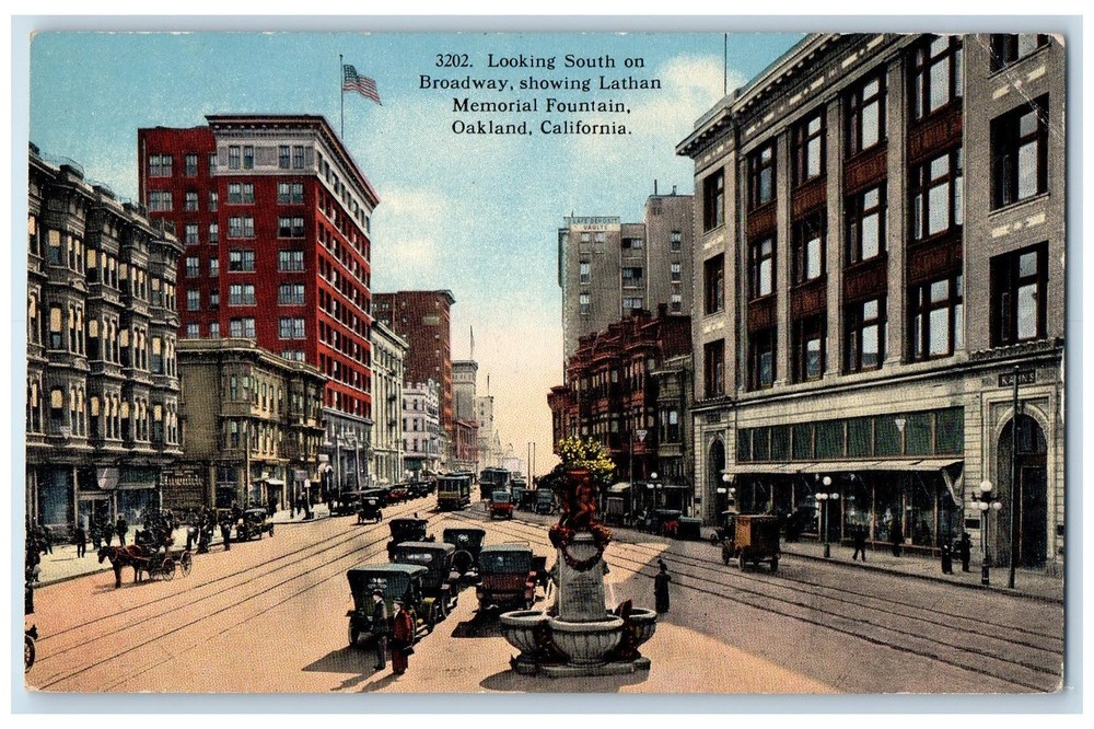 c1910 South On Broadway Lathan Memorial Fountain Building Oakland CA Postcard
