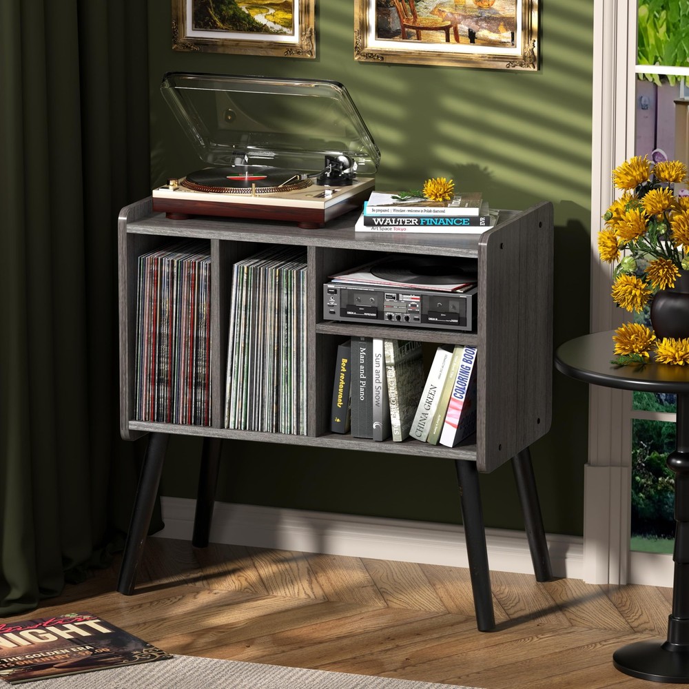 Record Player Table, Mid-Century Record Player Stand with Vinyl Storage Hold ...