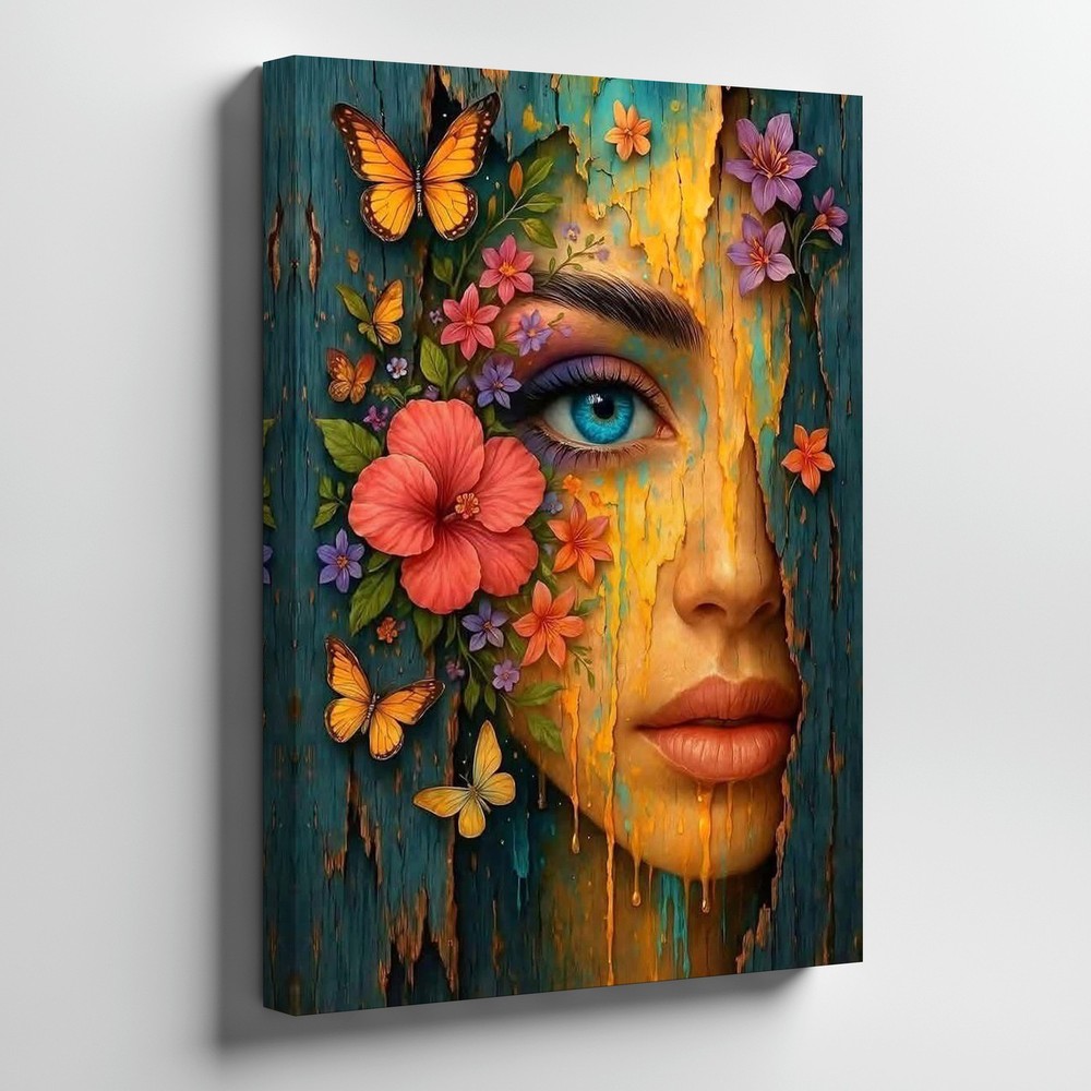 Surreal Woman Face Canvas Wall Art With Blue Eye Flowers And Butterflies Home