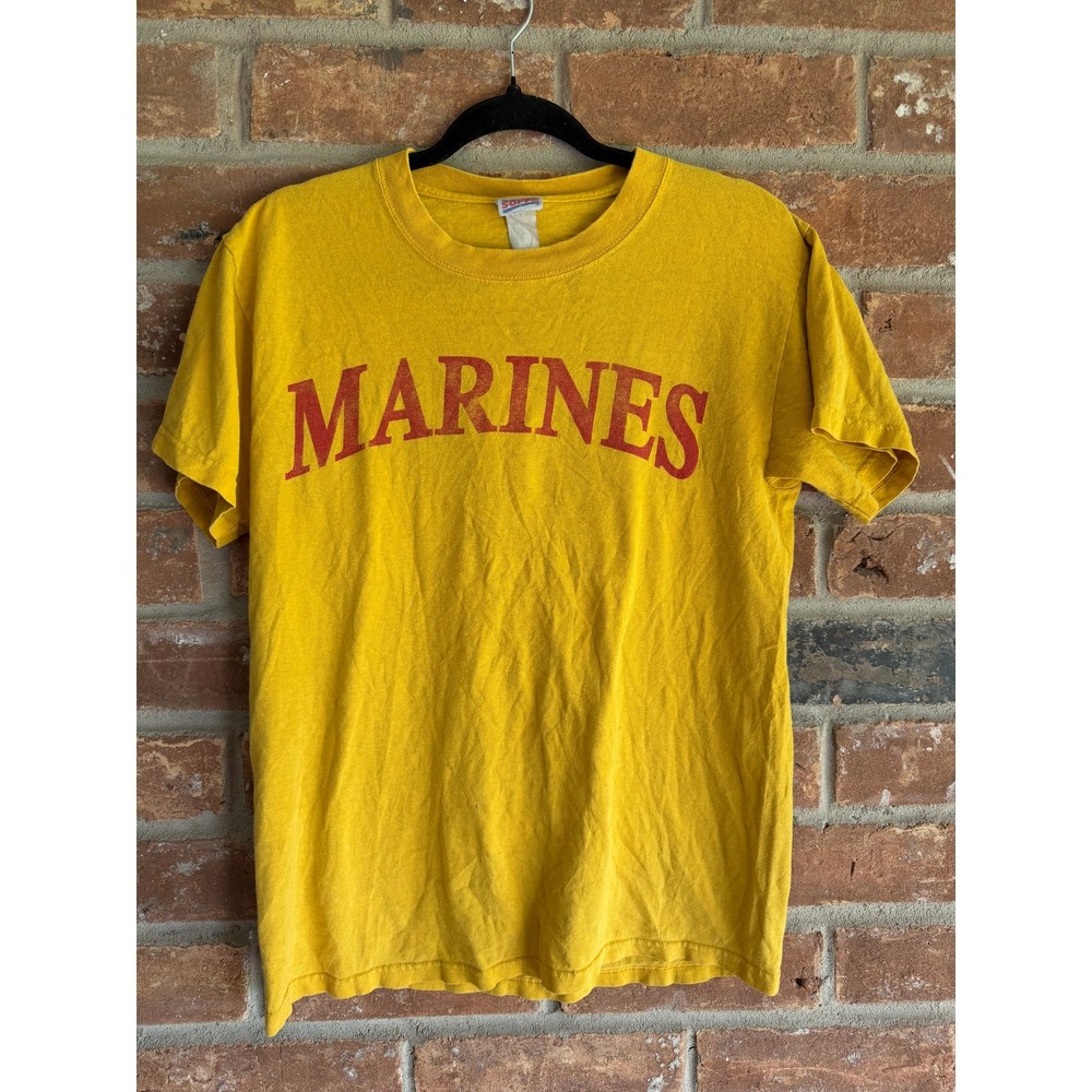Vintage US Marines T Shirt Soffe Yellow Military Spellout USA Made Fade
