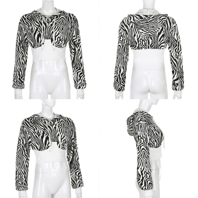 Women’s Long Sleeve Zebra Print Cropped Hoodie with Elastic Waist