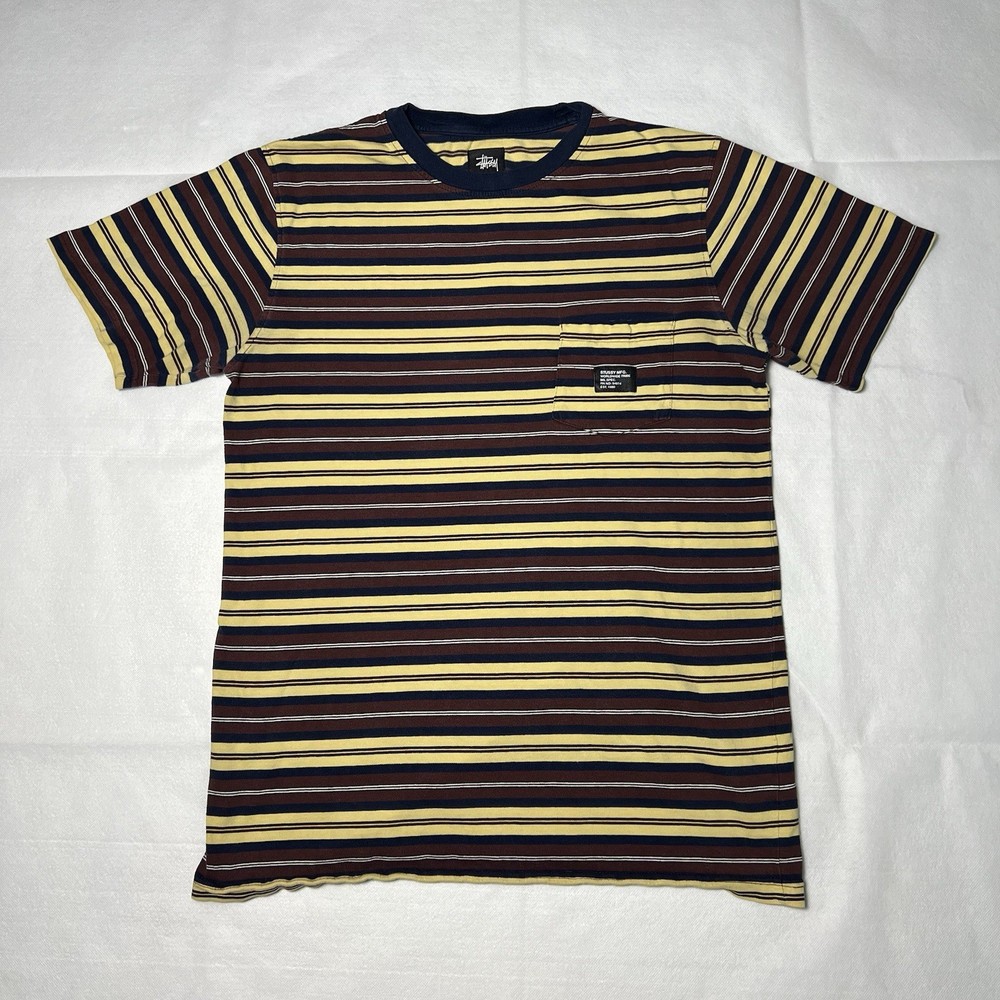Stussy T-Shirt Mens Medium Striped Short Sleeve Multicolor Pocket