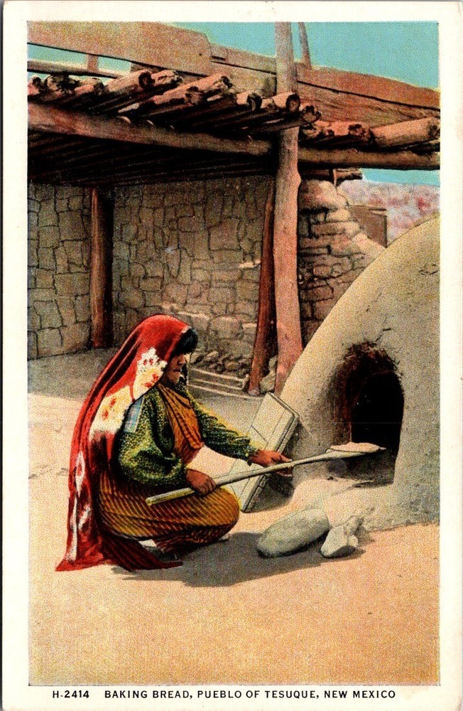 Pueblo Woman Baking Bread, Tesuque NM - Fred Harvey Linen Postcard