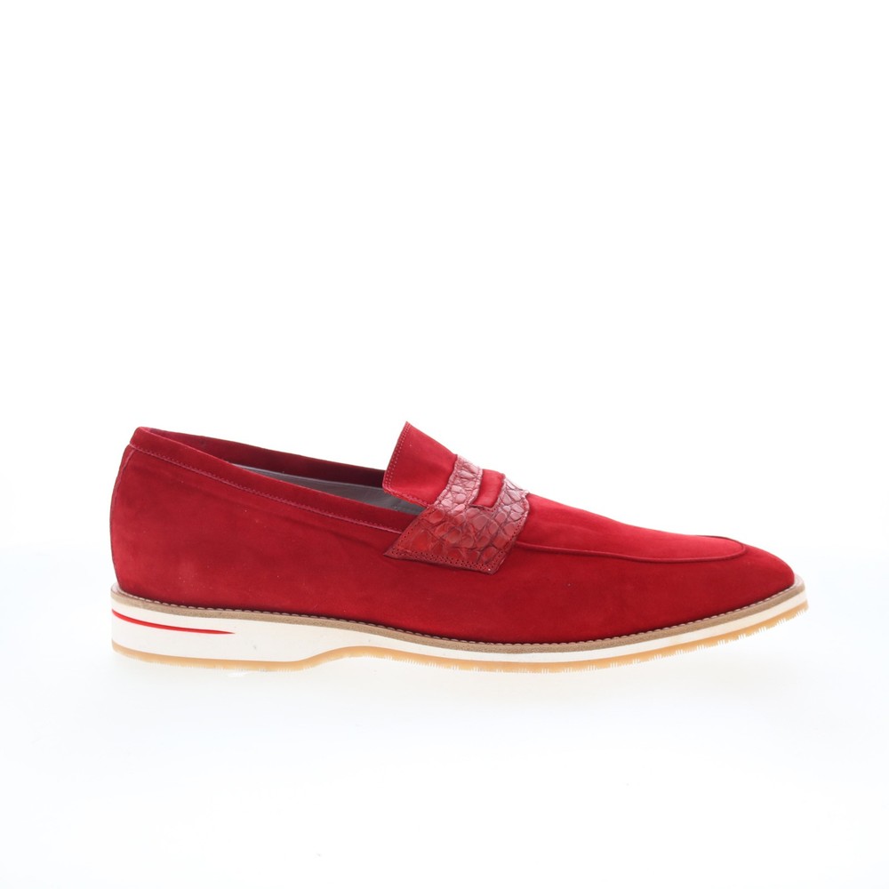 Zelli Italia Meo 3 Goat Suede Crocodile Mens Red Loafers Penny Shoes