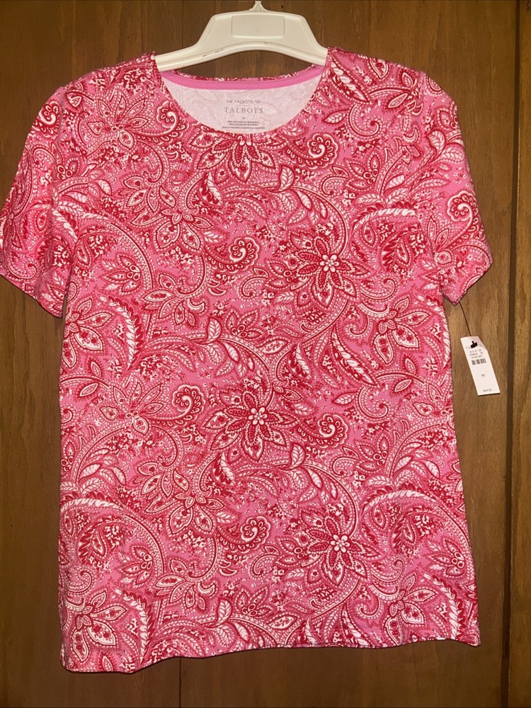Talbots Pink White Paisley Stretch Short Sleeve Scoop Neck Top Size Medium NWT