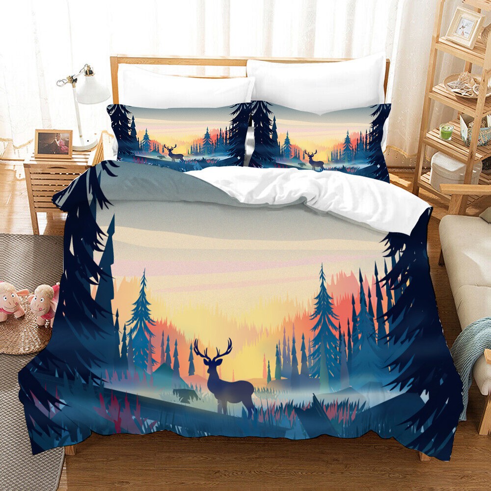 Oil Painting Forest Reindeer Duvet Quilt Cover Twin Queen Bedding Set Pillowcase