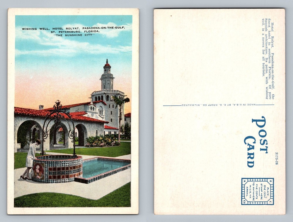 St. Petersburg, FL-Florida, Hotel Rolyat Wishing Well View Vintage Postcard