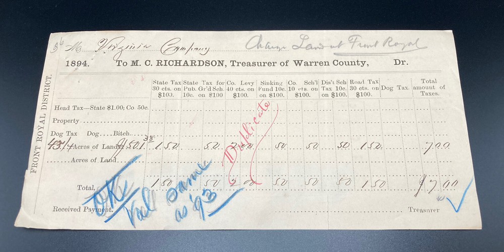 1894 FRONT ROYAL District WARREN COUNTY VA M.C. Richardson Treasurer Receipt