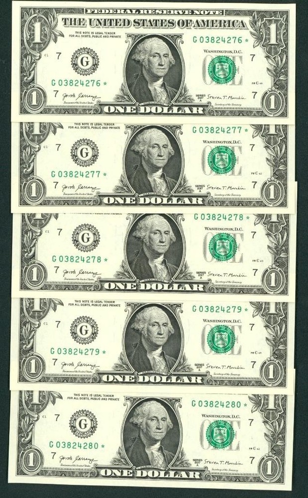 ((FIVE CONSECUTIVE)) **STAR** $1 2017 (( CHOICE CU )) Federal Reserve Note