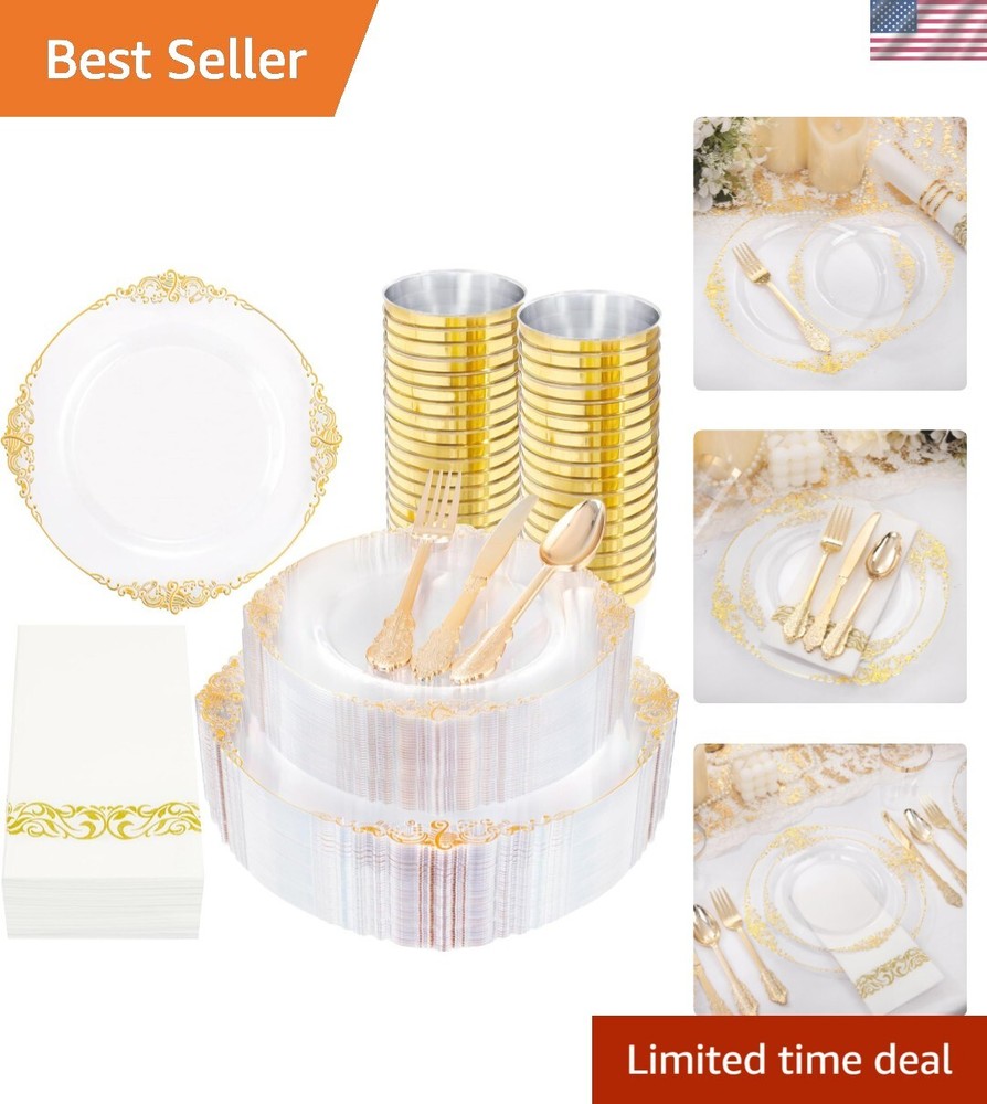 350PCS Clear Gold Plastic Plates - Gold Plastic Dinnerware Sets for 50 Guests...
