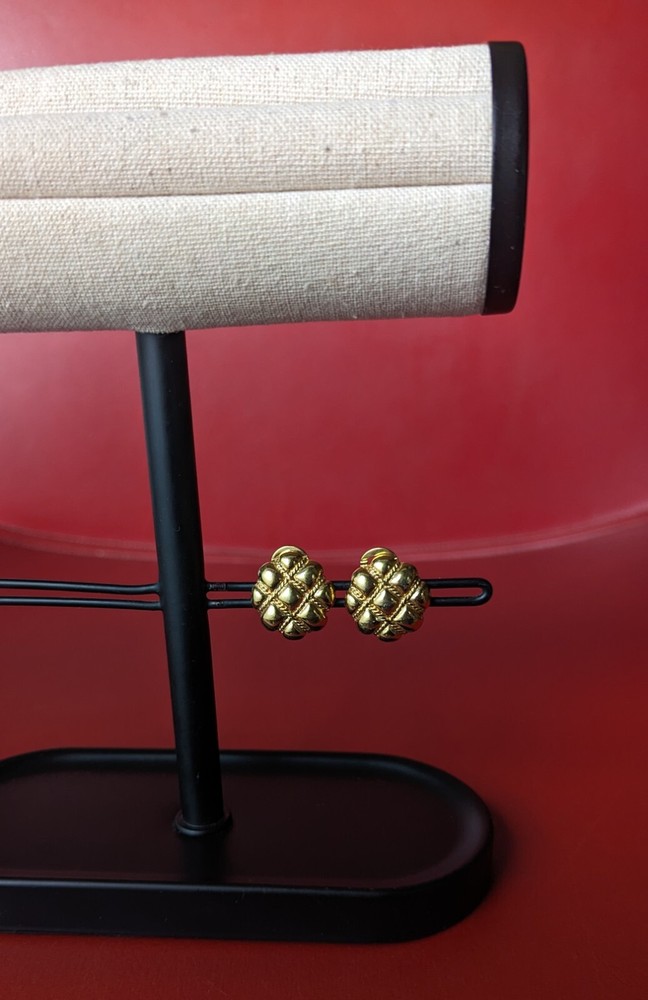 Vintage Classic MONET Round Quilted Braid Shiny Gold Tone 1980s CLIP EARRINGS
