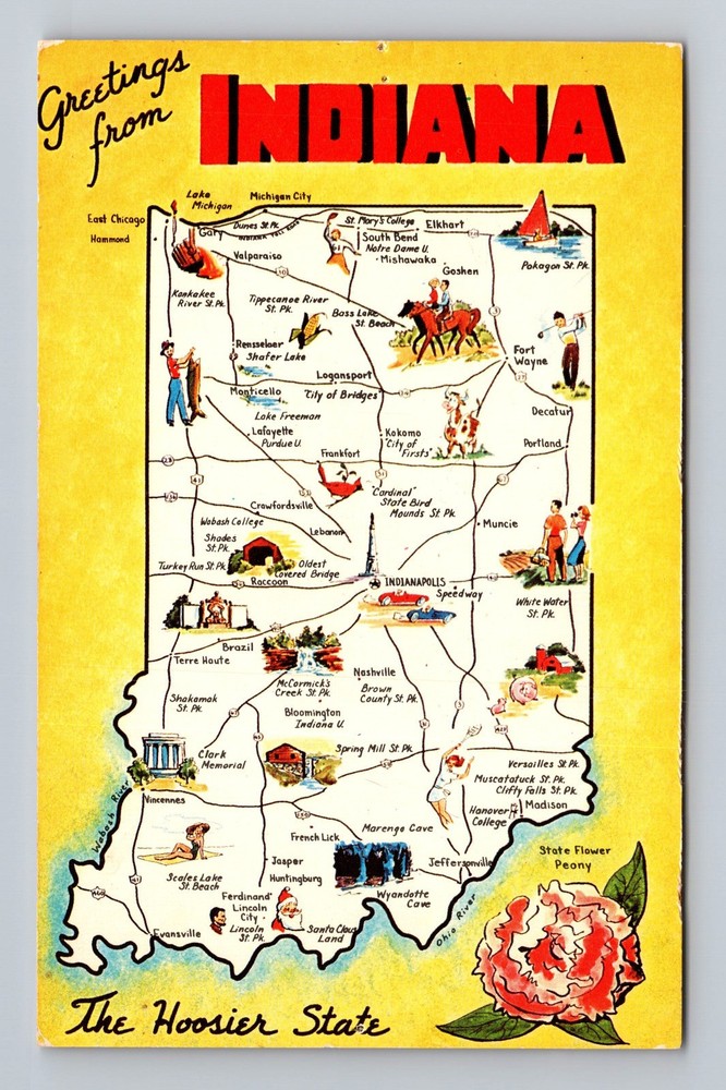 IN-Indiana Greetings Map Landmarks Vintage Postcard