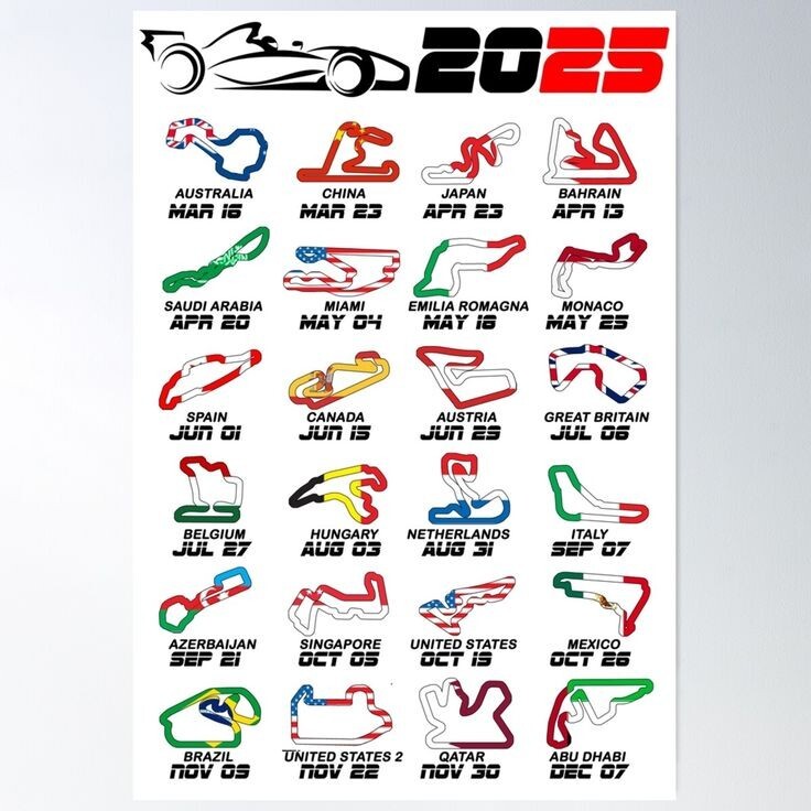 Formula 1 Calendar Racing Cars 2025 Circuits Colors White Poster - No frame