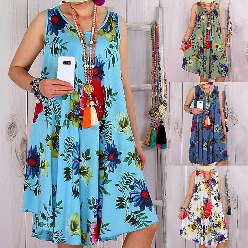 Summer Women Casual Sleeveless T Shirt Floral Crew Neck Loose A-Line Tank Dress