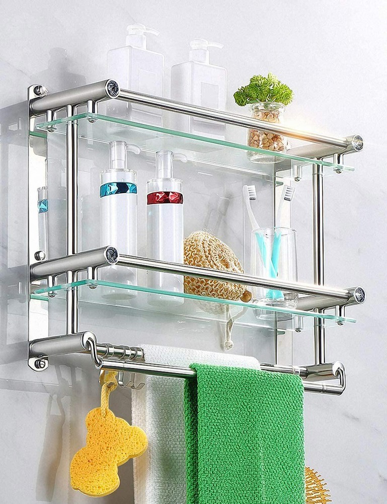 Wall Mounted 3-Tier Glass Towel Rack Bathroom Storage Shelf Organizer