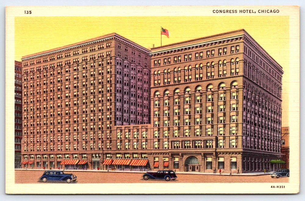 Vintage Old Antique Postcard Congress Hotel Building Car Usa Flag Chicago