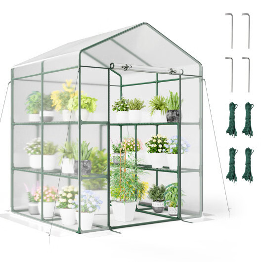 Walk-in Greenhouse with 3 Tiers 8 Shelves PVC Cover Roll-up Zippered Door - Colo